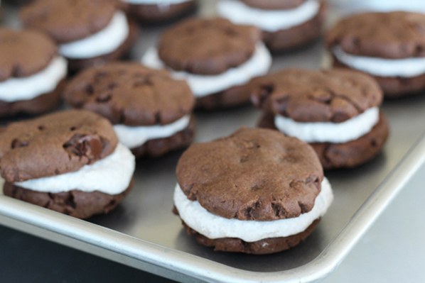 Double Chocolate S'more Sandwich Cookies in pan